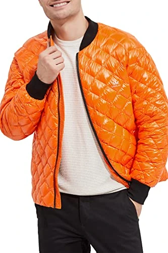 Men's Baseball Jacket Diamond Quilted Puffer Jacket Short Down Coat Rib Knit Collar Orange S