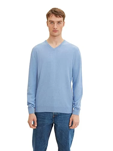 Men's Basic Knitted Jumper with V-neck 1027665, 31087 - Modern Light Blue Melange, XXL