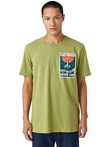 Men's Basic T-Shirt Space Printed Crew Neck Short Sleeve Cotton, Khaki (801), XXL