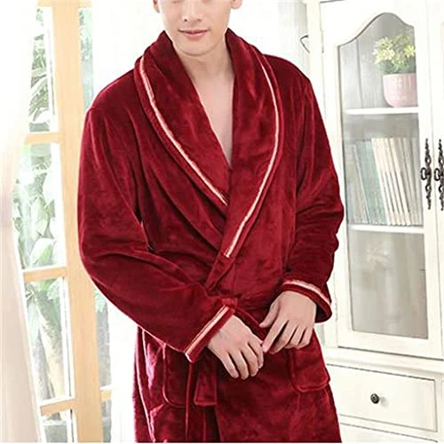 Men's Bathrobe Autumn and Winter Thickening Warmth Casual Loose Flannel Men's Long Men's Pajamas Home Service (A L)