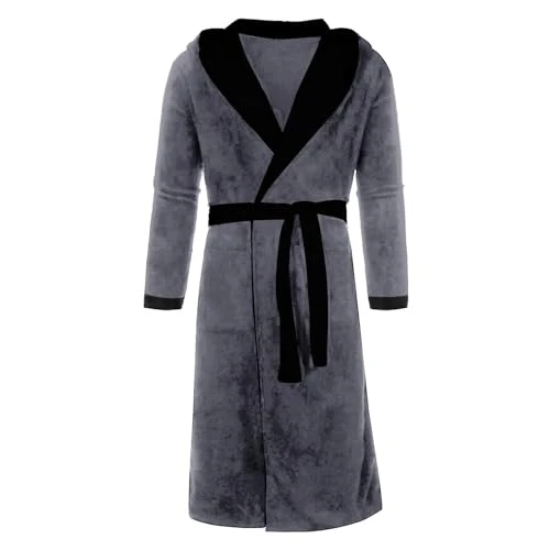 Mens Bathrobe Long: Mens Dressing Gown Home Soft Warm Fleece Bathrobe Shawl Collar Warm Winter Long Robes Warm Robes Soft Bathrobe with Pockets Mens Hooded Dressing Gown Mens Housecoat Grey