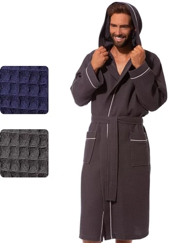 Mens Bathrobe Waffle Men with Hood, Cotton, Lightweight L, Grey