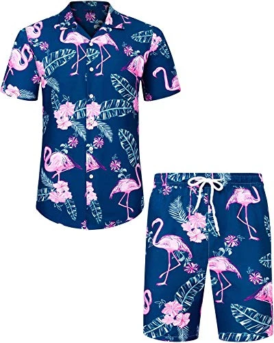 Mens Beach Hawaiian Shirt and Shorts Set Regular Fit Funky Flamingo Short Sleeve Holiday Shirt and S