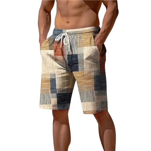 Mens Beach Linen Short Trousers Summer Vacation Trendy Plaid Print Italy Trouser Shorts Lightweight 