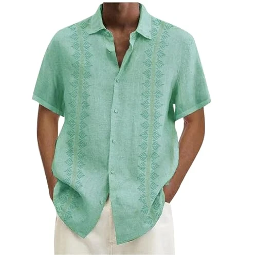 Mens Beach Shirts Short Sleeve, Summer Regular Fit Button Down Shirts, Casual Hawaiian Floral Printed Tee Tops, Fashion Turndown Collar Short-Sleeved Blouses, Light Comfort Work Tops Green