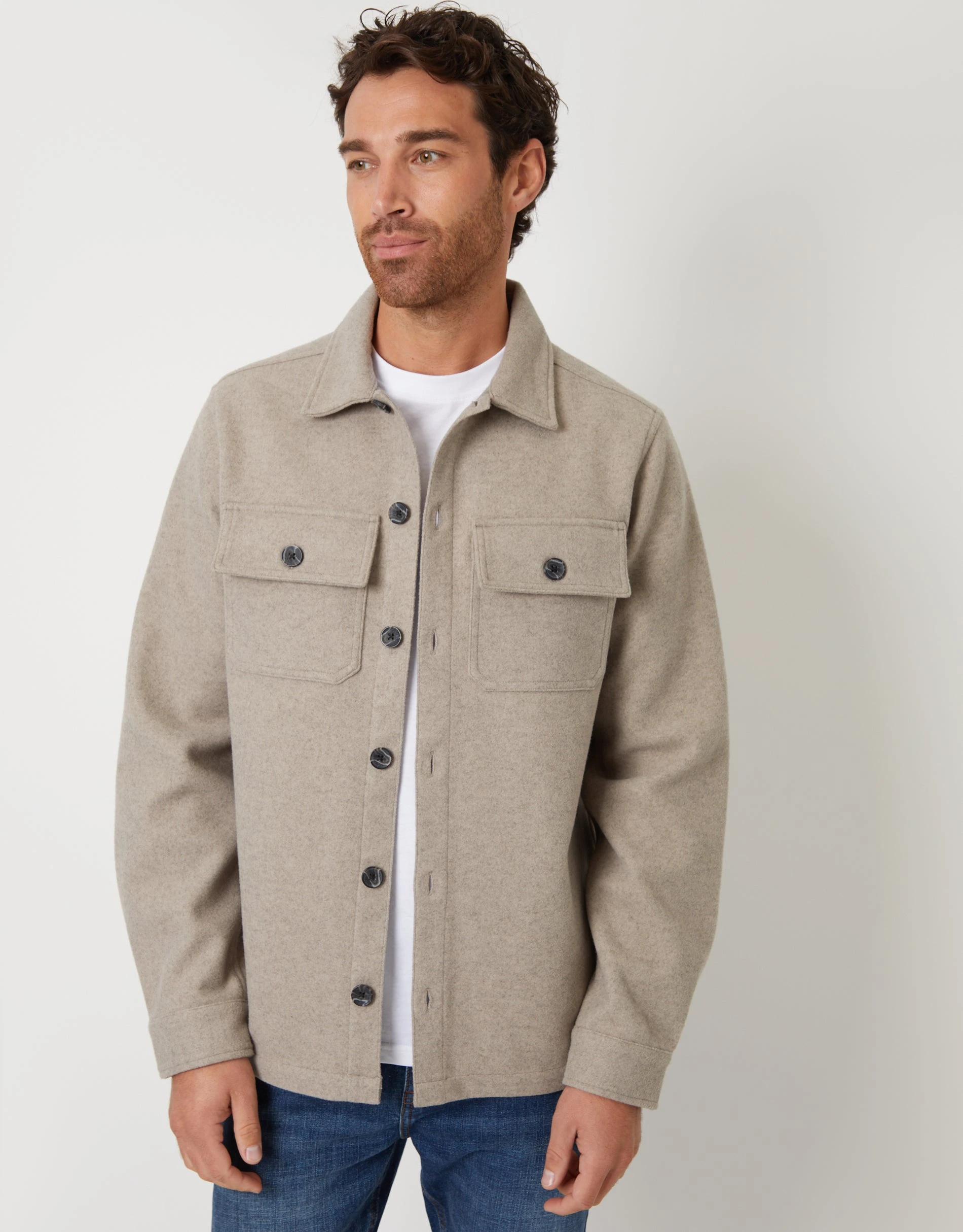 Men's Beige Faux Wool Button Up Shacket