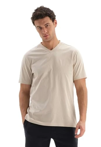 Men's Beige Knitted Regular Supima Short Sleeve V-Neck T-Shirt, M