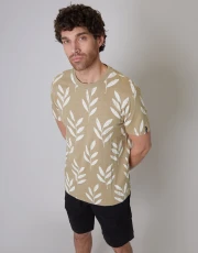 Men's Beige Leaf Print Crew Neck T-Shirt