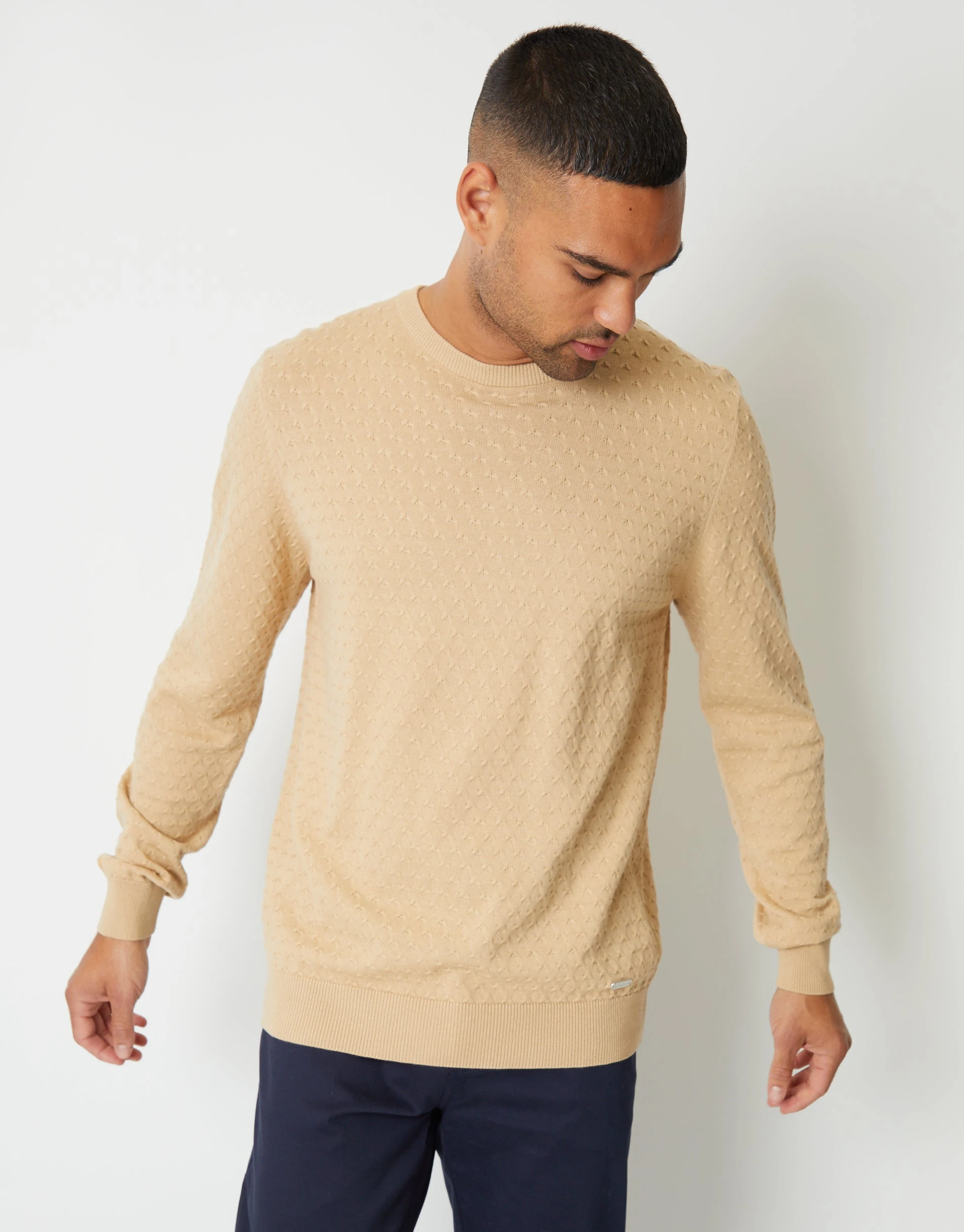 Men's Beige Mini Cable Knit Crew Neck Jumper