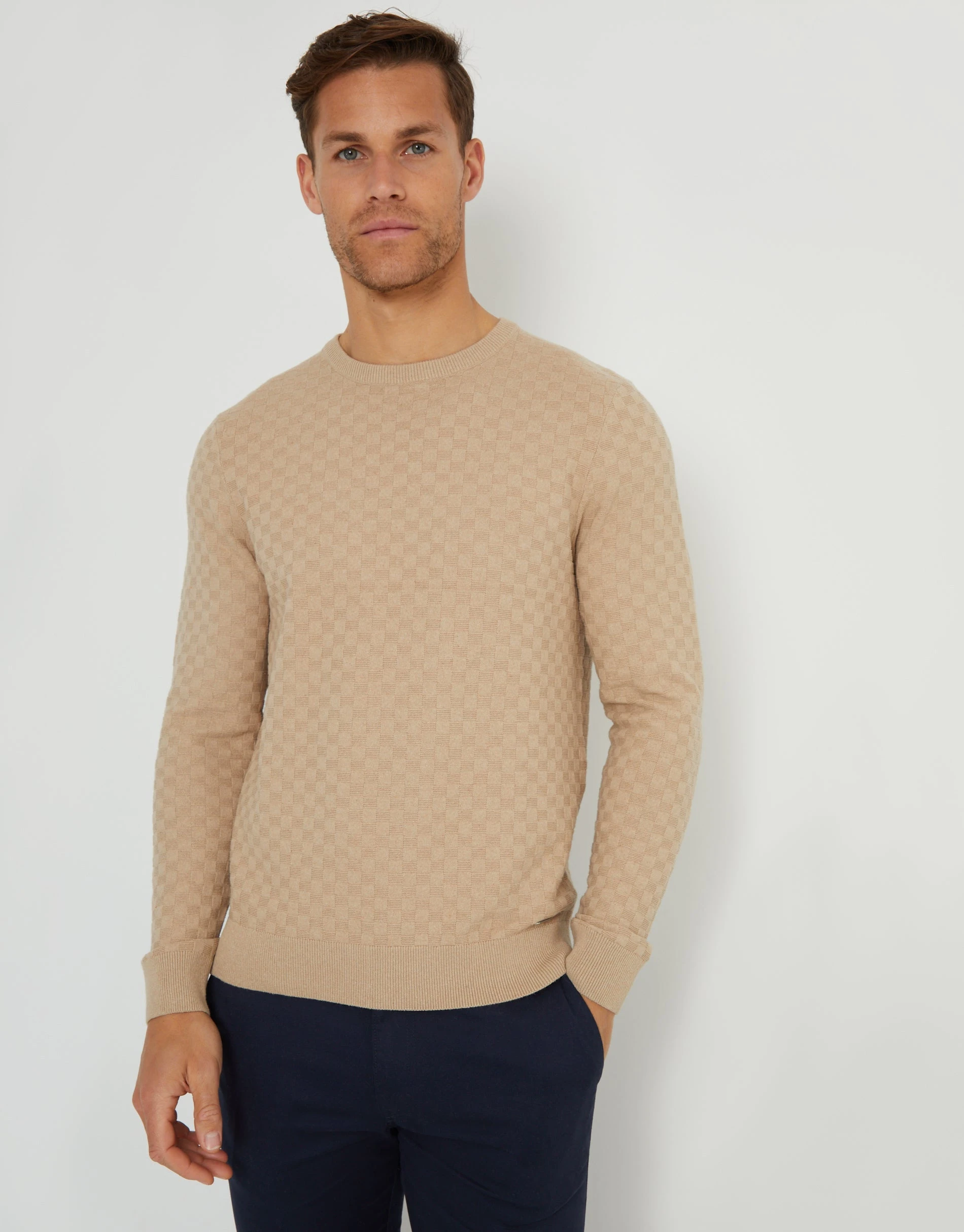 Men's Beige Textured Knit Crew Neck Jumper