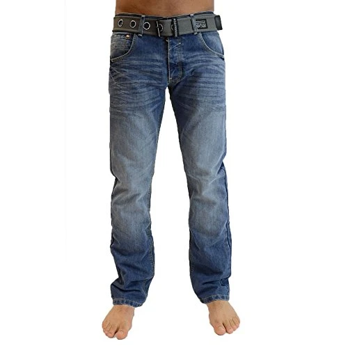 Mens  Belted Wak Straight Leg Jeans (38" Waist 32" Leg, Stone Wash)