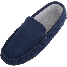 Mens Berber Fleece Lined Moccasin Slipper with Non-Slip Rubber Sole - Navy - UK 8