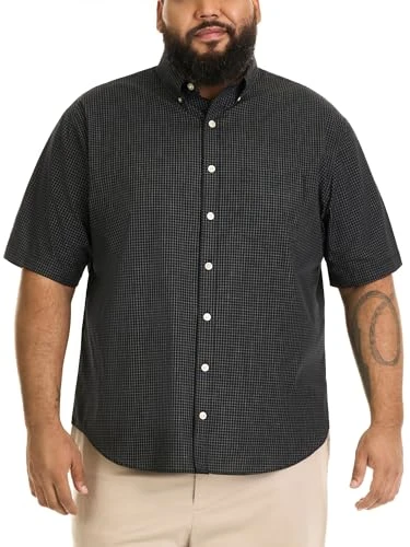 Men's Big and Tall Short Sleeve Check Button Down Shirt, Black, XL