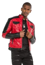 Men's biker jacket, faux leather jacket, transition jacket, quilted jacket - Red - Small