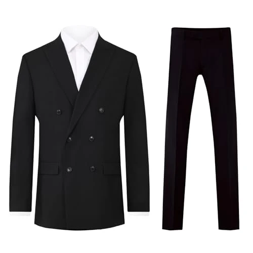 Mens Black 2 Piece Suit Regular Fit Double Breasted Peak Lapel (46S Jacket with 40S Trousers)