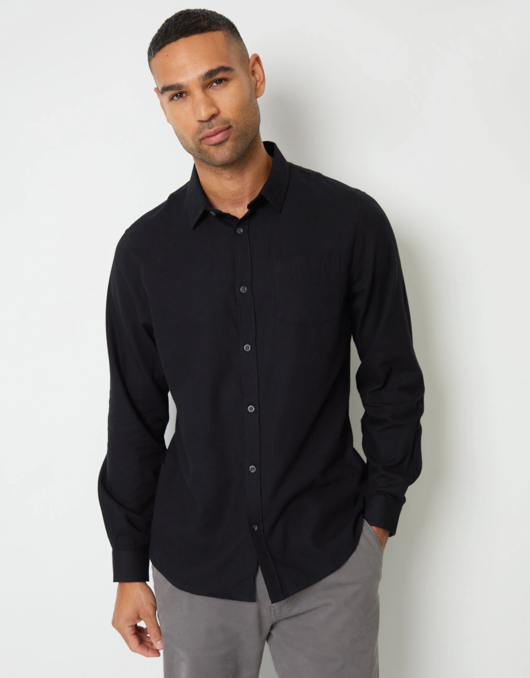 Men's Black Brushed Flannel Long Sleeve Shirt