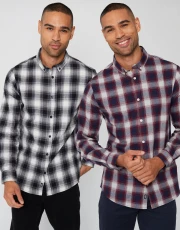 Men's Black & Burgundy Flannel Check Long Sleeve Shirts (2 Pack)