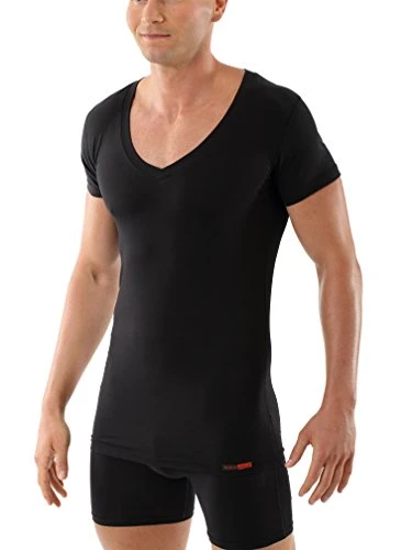 Men’s Black Business deep-V Undershirt with Short Sleeves Made of Soft and Light Stretch-Cotton L