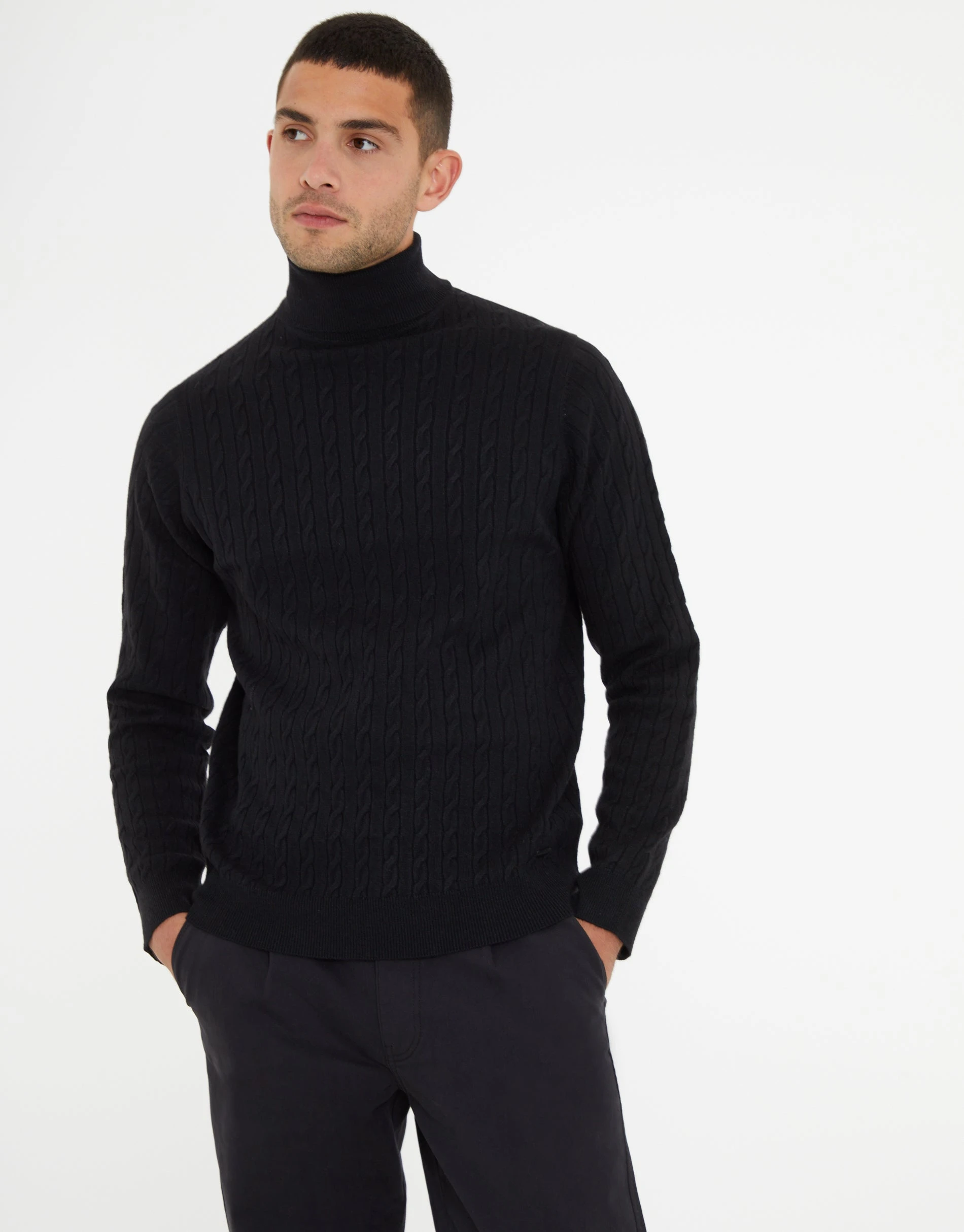 Men's Black Cable Knit Roll Neck Jumper