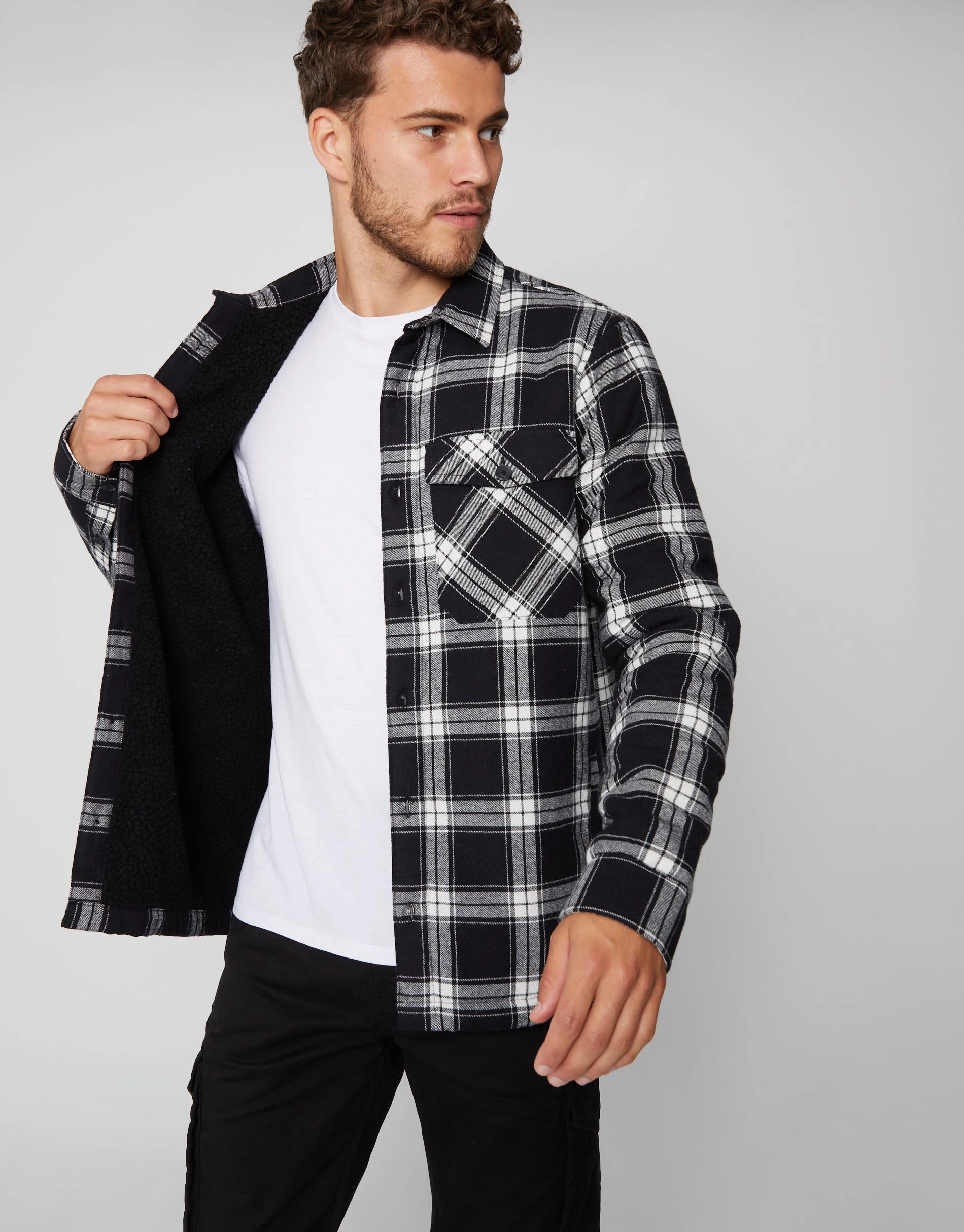 Men's Black Check Borg Lined Long Sleeve Shirt