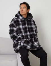 Men's Black Check Borg Oversized Hoodie