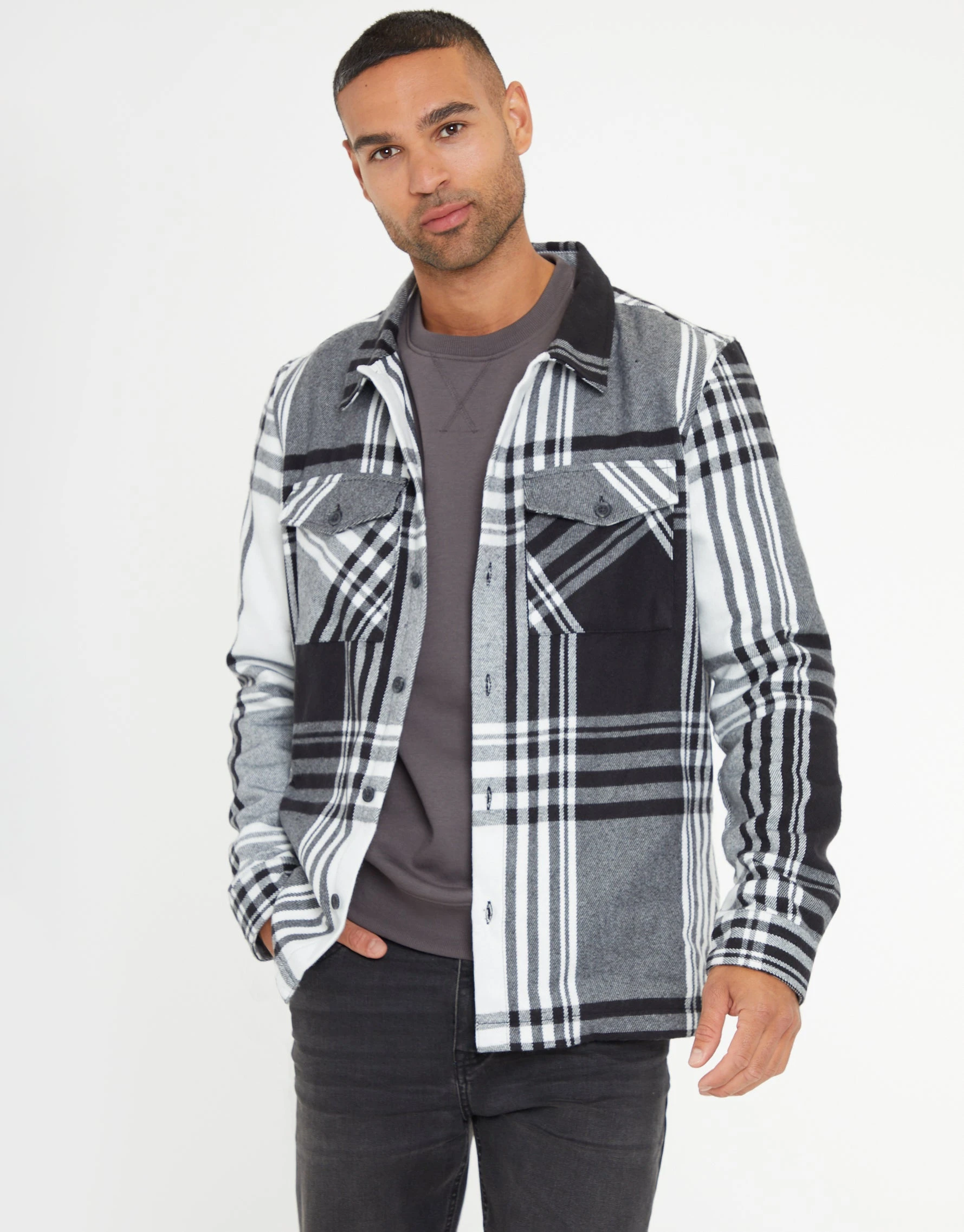 Men's Black Check Heavy Brushed Button Up Shacket