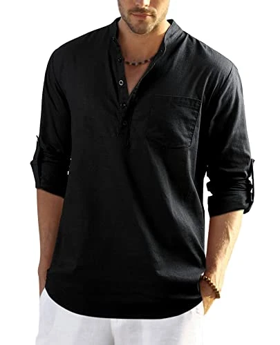 Mens Black Cotton Linen Shirts Long Sleeve Shirt Button Down Henley Shirts Lightweight Casual Plain 