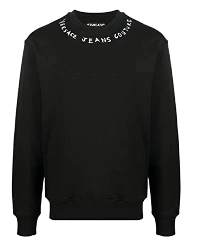 Men's Black Crew Neck Sweatshirt in Cotton, Contrast Lettering Logo in the Front White Colour