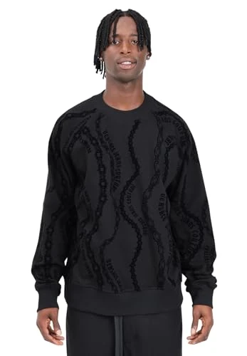 Men's Black Crewneck Sweatshirt with Chain Couture Pattern in Velvet, Black, M