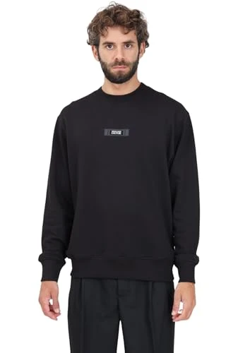 Men's Black Crewneck Sweatshirt with Institutional Logo Label, Black, XXL