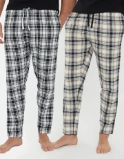 Men's Black & Ecru Check Brushed Cotton Lounge Bottoms (2 Pack)