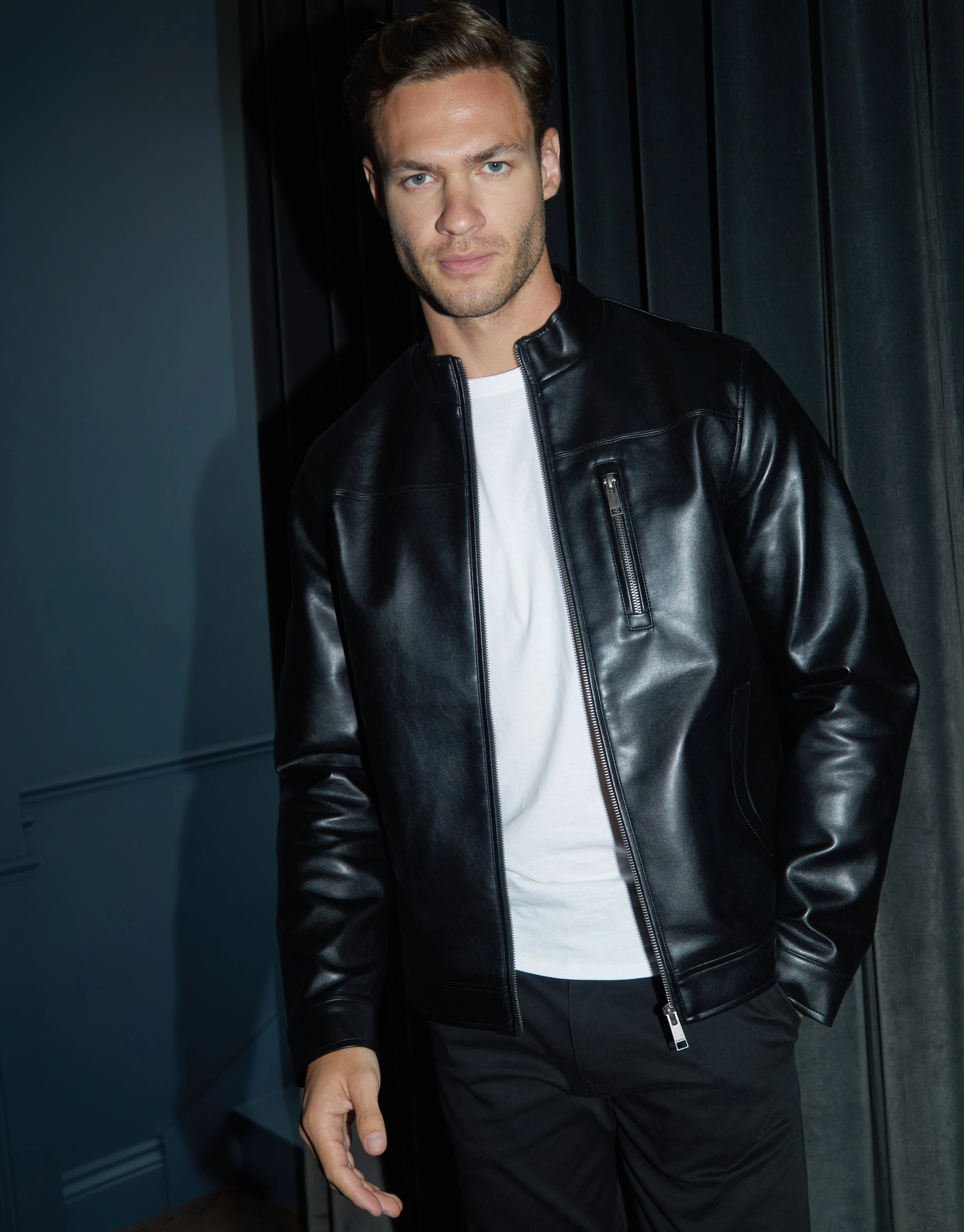 Men's Black Faux Leather Biker Jacket