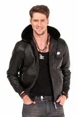 Men's Black Faux Leather Quilted Jacket, Hood, Casual Style, Zip Pockets and Ribbed Cuffs, Black Men's Black Faux Leather Quilted Jacket, Hood, Casual Style, Zip Pockets and Ribbed Cuffs, Black