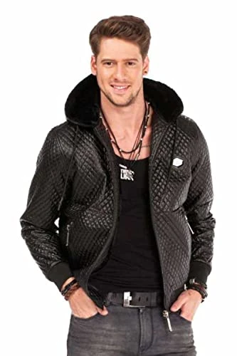 Men's Black Faux Leather Quilted Jacket, Hood, Casual Style, Zip Pockets and Ribbed Cuffs, Black