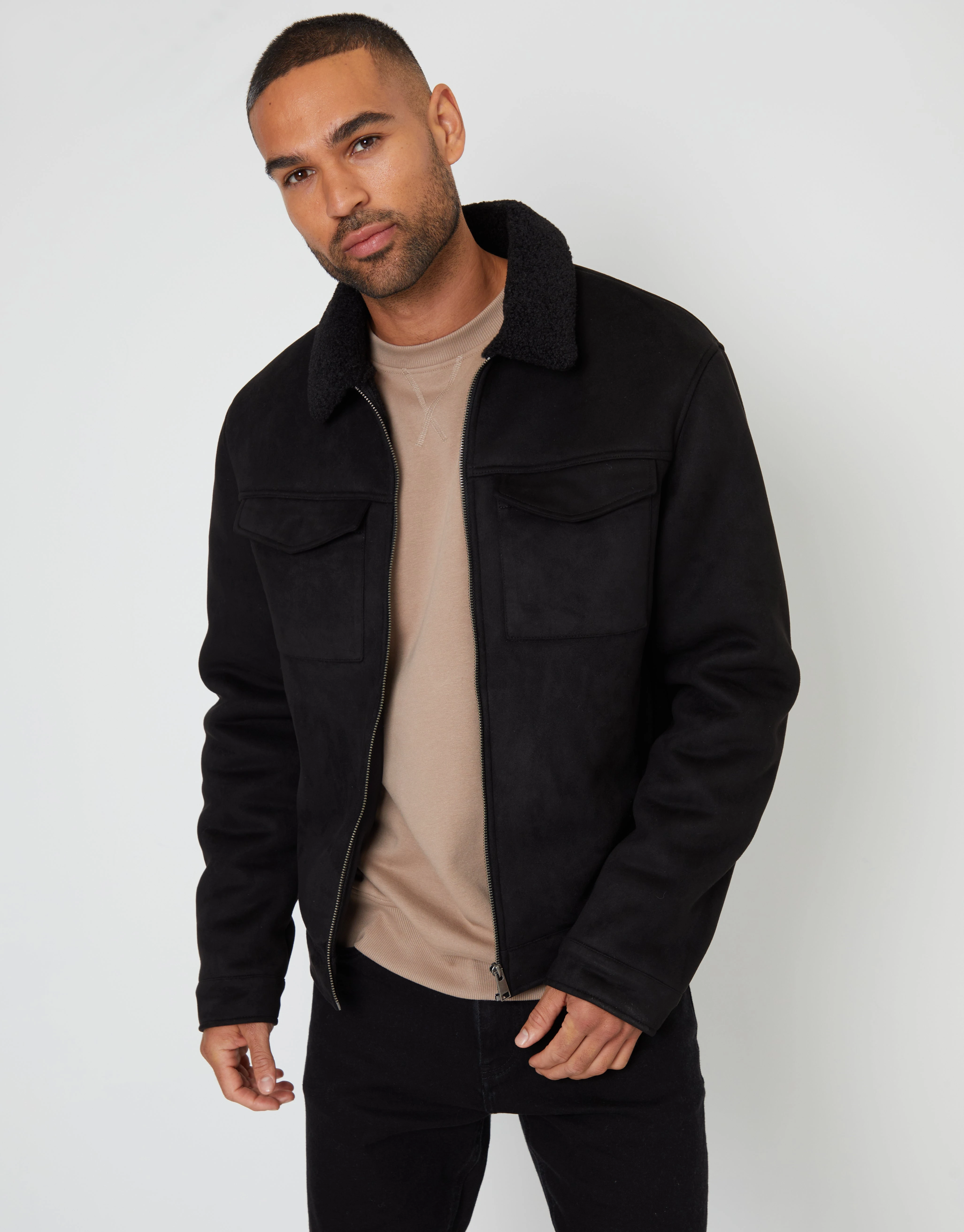 Men's Black Faux Suede Borg Lined Aviator Jacket