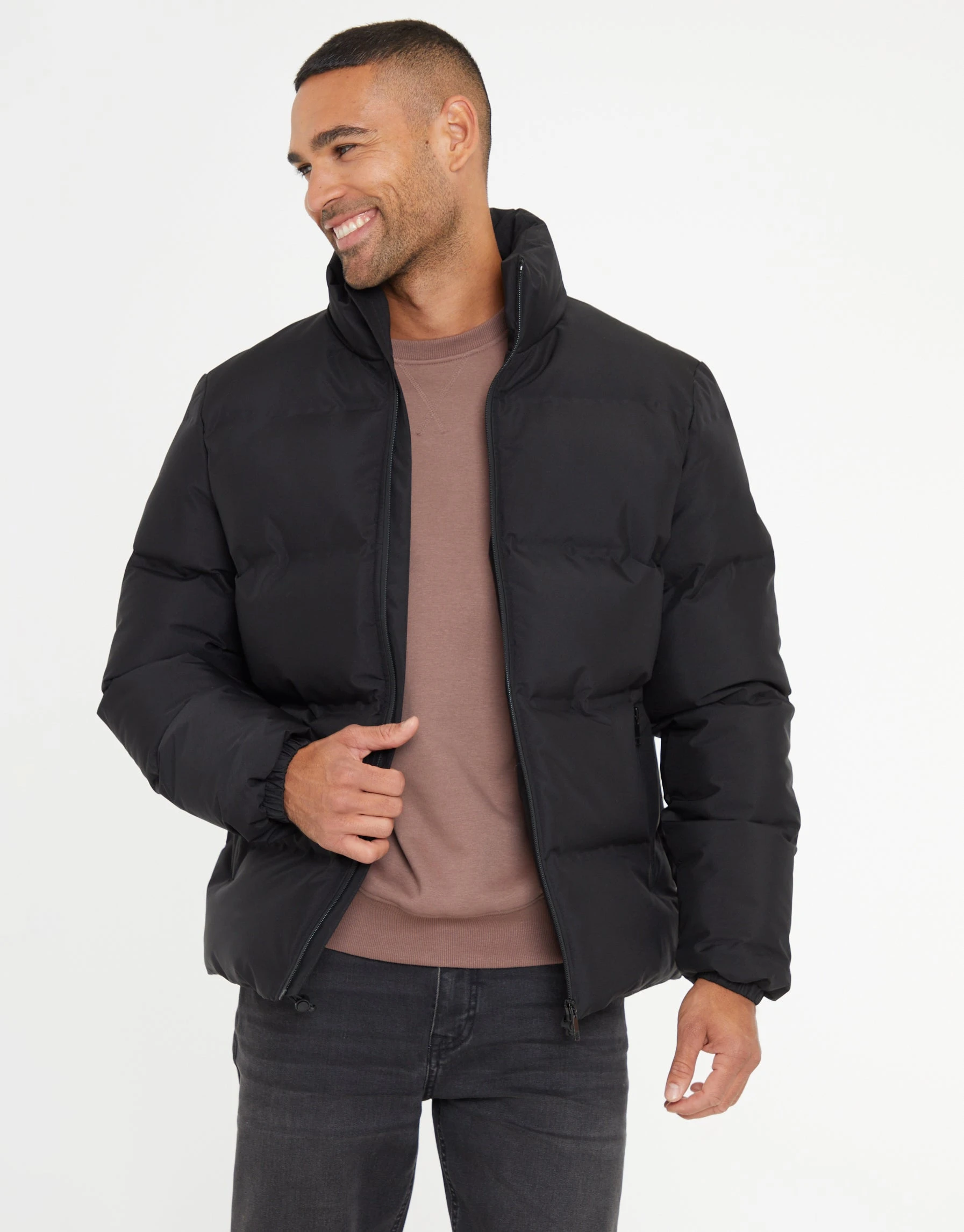 Men's Black Funnel Neck Puffer Jacket