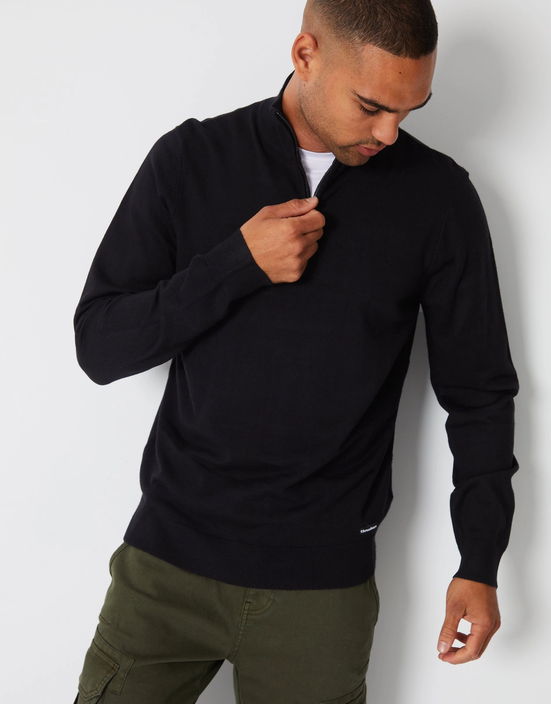 Men's Black Funnel Neck Quarter Zip Knitted Jumper