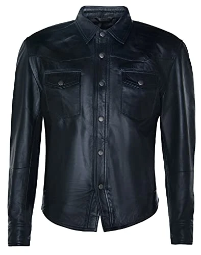 Men’s Black Genuine Leather Shirt Jeans Trucker Slim Fit Jacket L