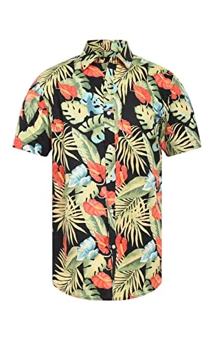 Mens Black Hawaiian Shirt Regular Fit Cotton Blend Tropical Print Short Sleeve-XL