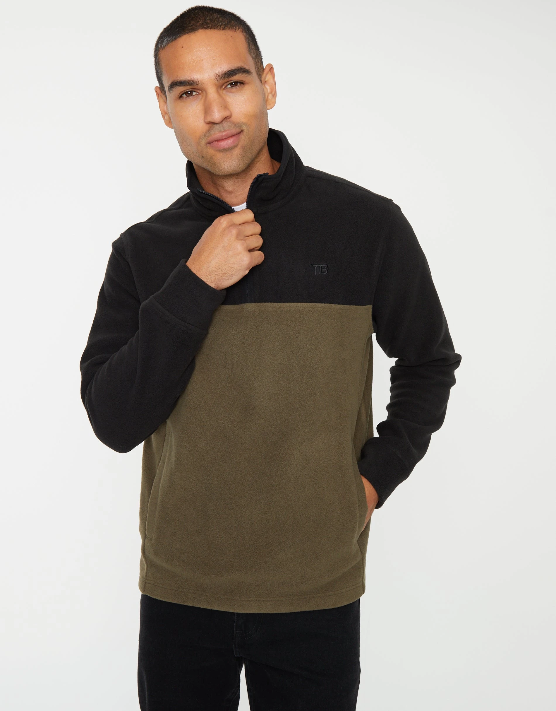 Men's Black & Khaki Colourblock Quarter Zip Fleece