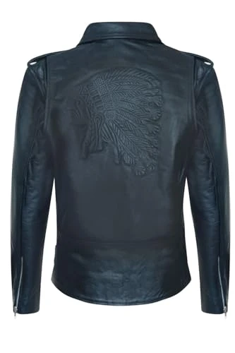 Men's Black Leather Brando Motorcycle Jacket "RED INDIAN" Embossed Cowhide