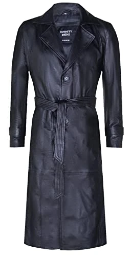 Men's Black Leather Classic Full Length Long Trench Coat XL