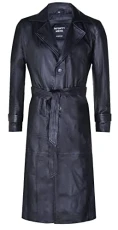 Men's Black Leather Classic Full Length Long Trench Coat XL Men's Black Leather Classic Full Length Long Trench Coat XL