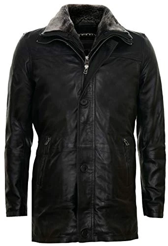 Men's Black Leather Classic Removable Fleece Collar Mid Length Warm Overcoat Jacket S