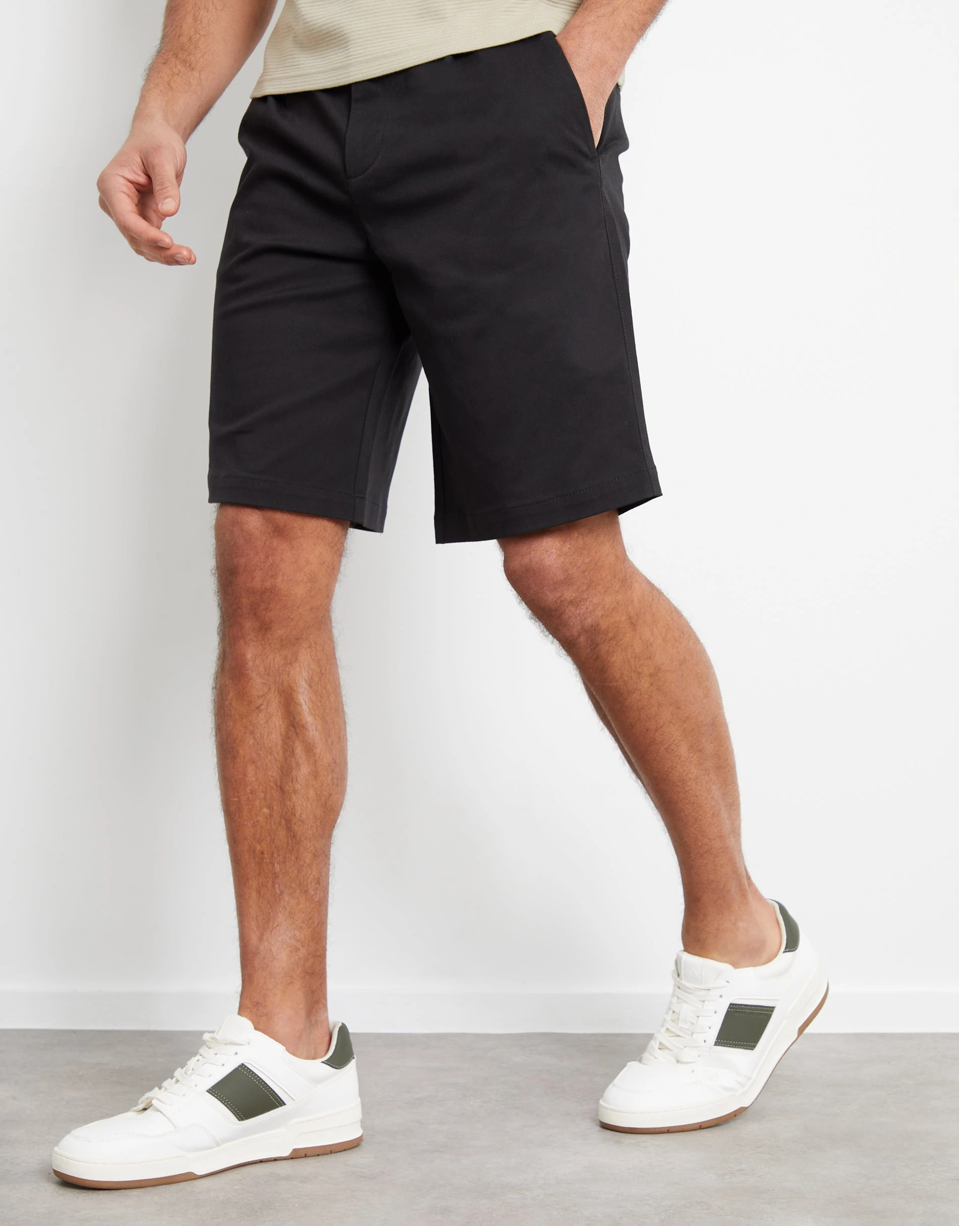 Men's Black Long Cotton Twill Shorts