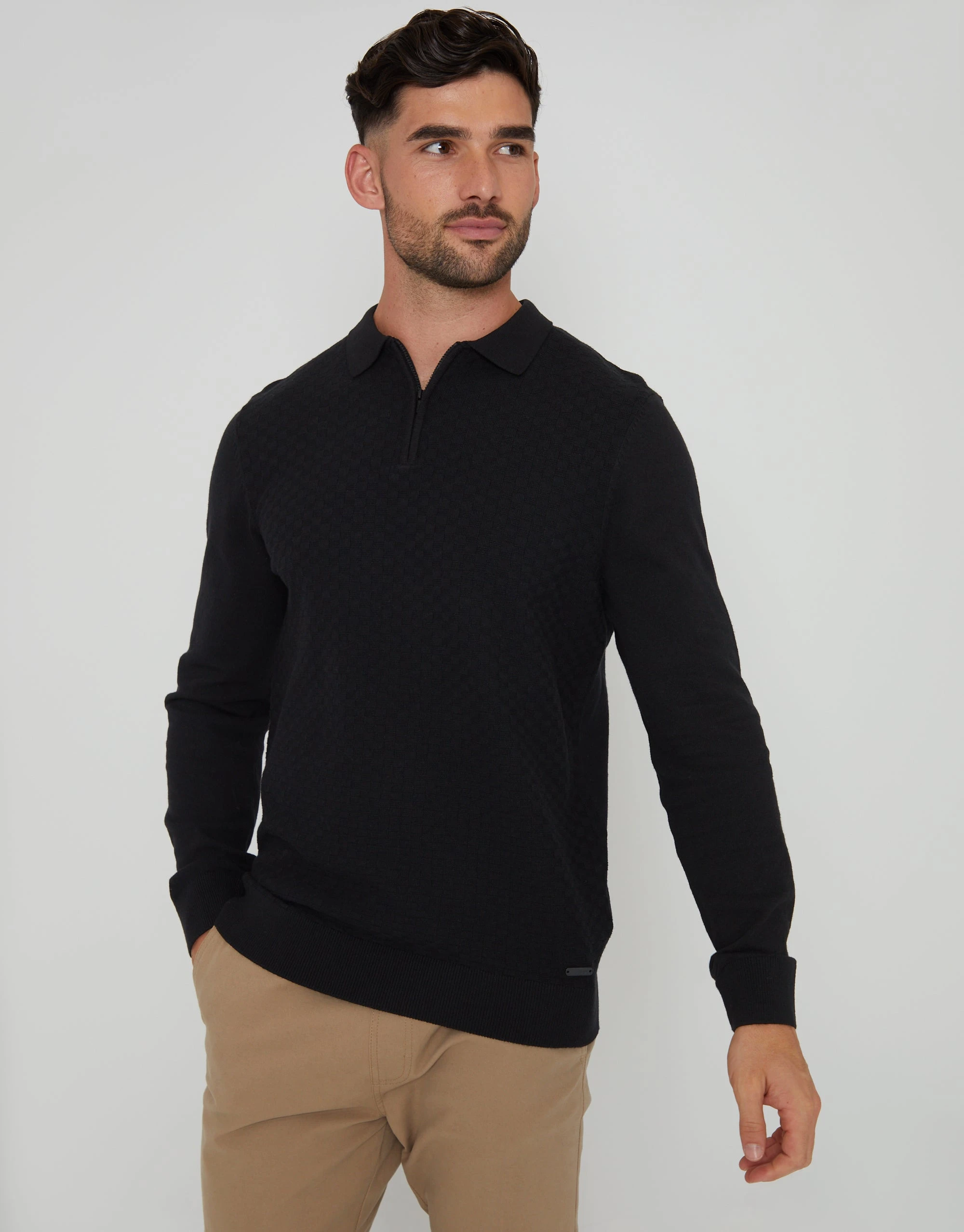 Men's Black Long Sleeve Quarter Zip Knitted Polo Jumper