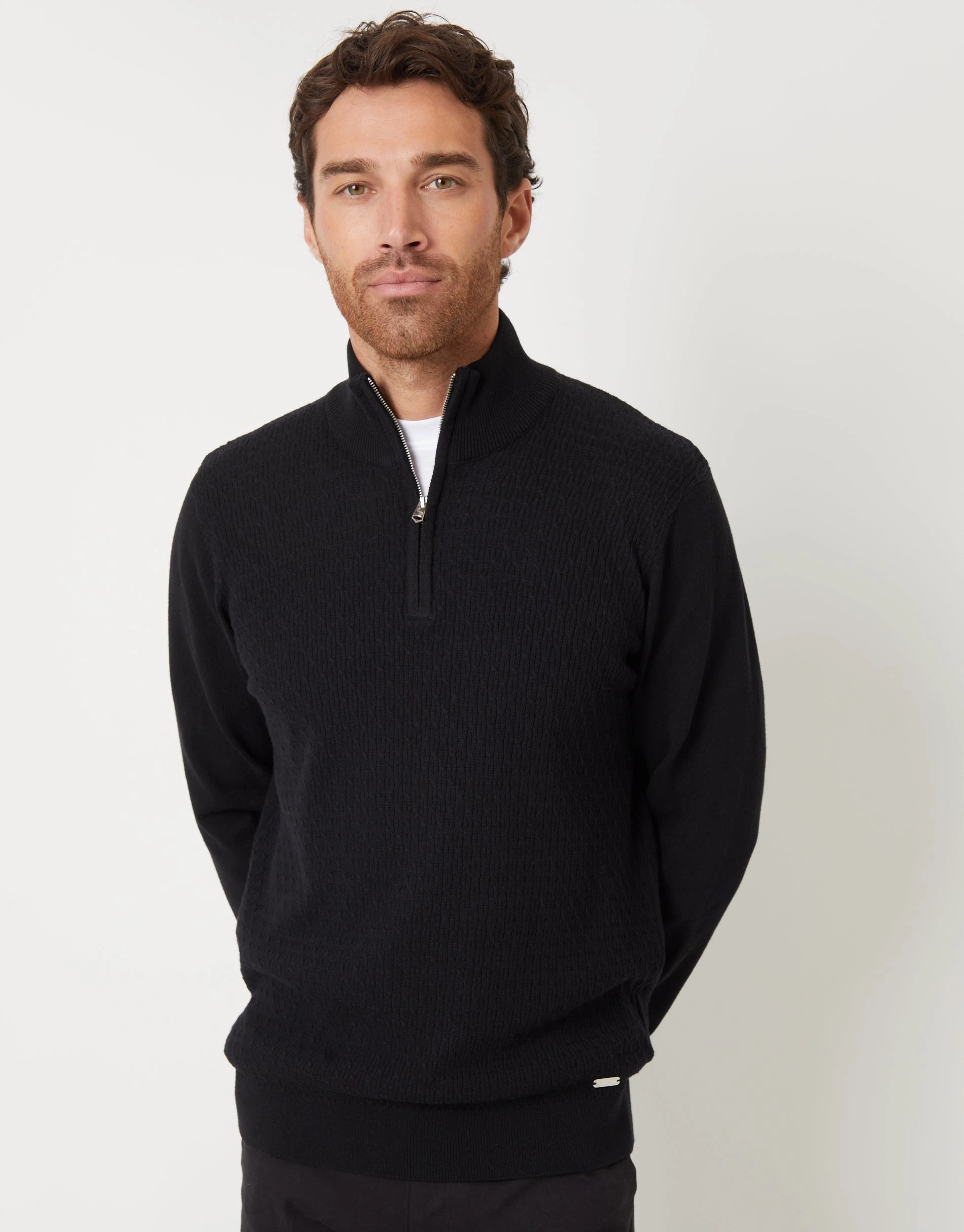 Men's Black Mini Cable Knit Quarter Zip Jumper