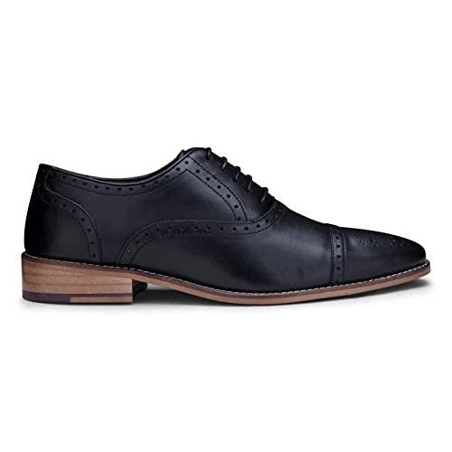 Mens Black Oxford Real Leather Classic Formal Smart Laced Vintage Brogue Shoes