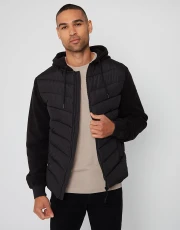 Men's Black Padded Contrast Sleeve Hooded Jacket