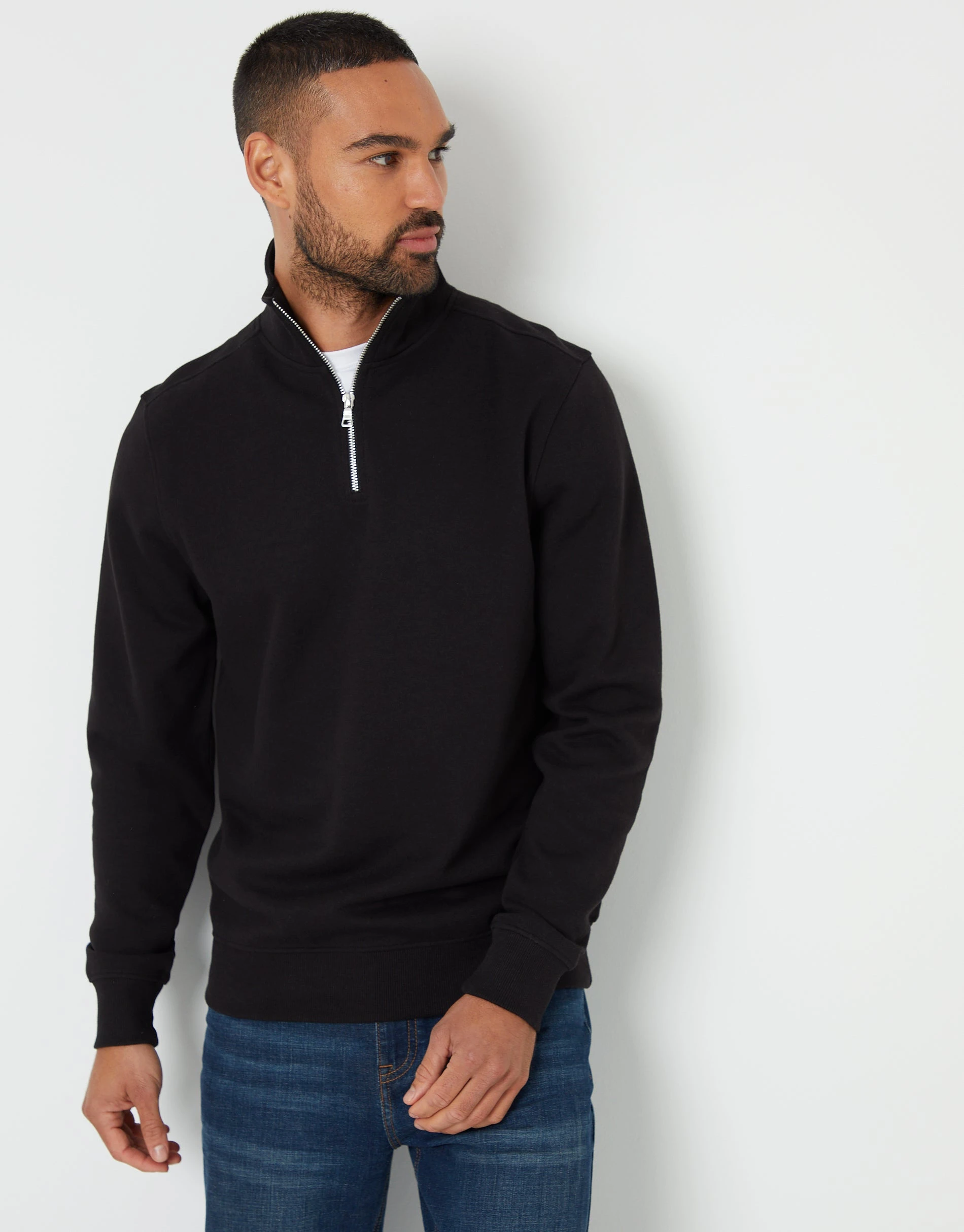 Men's Black Pique Quarter Zip Funnel Neck Sweatshirt